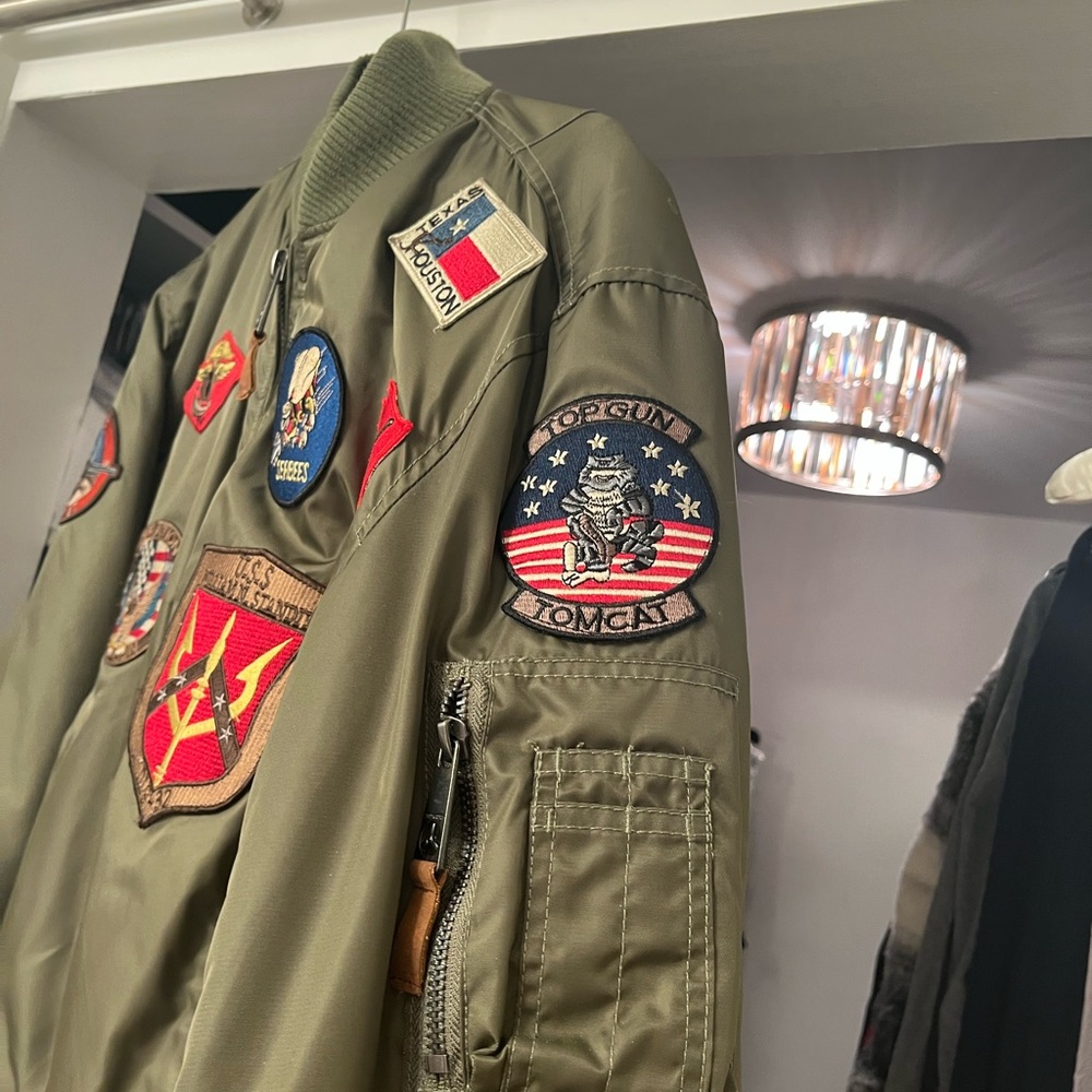 Alpha Industries Tan Bomber Jacket with Colorful Patches - Picture 2 of 5